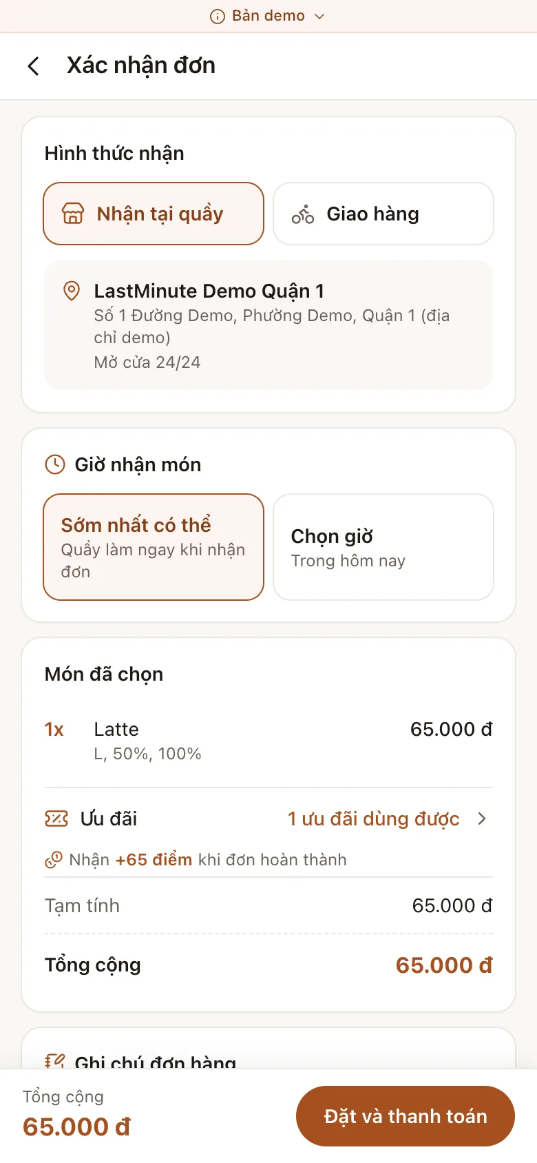 Màn hình xác nhận đơn hàng, chọn hình thức nhận và giờ nhận trong Mini App demo