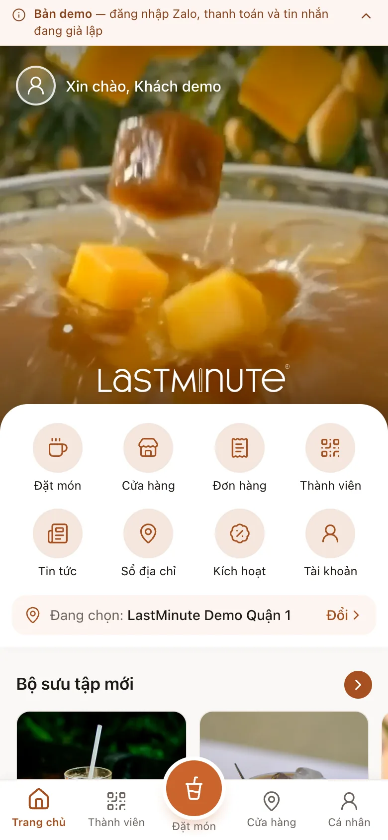 Trang chủ Zalo Mini App demo cho chuỗi cà phê do DEcorp xây dựng