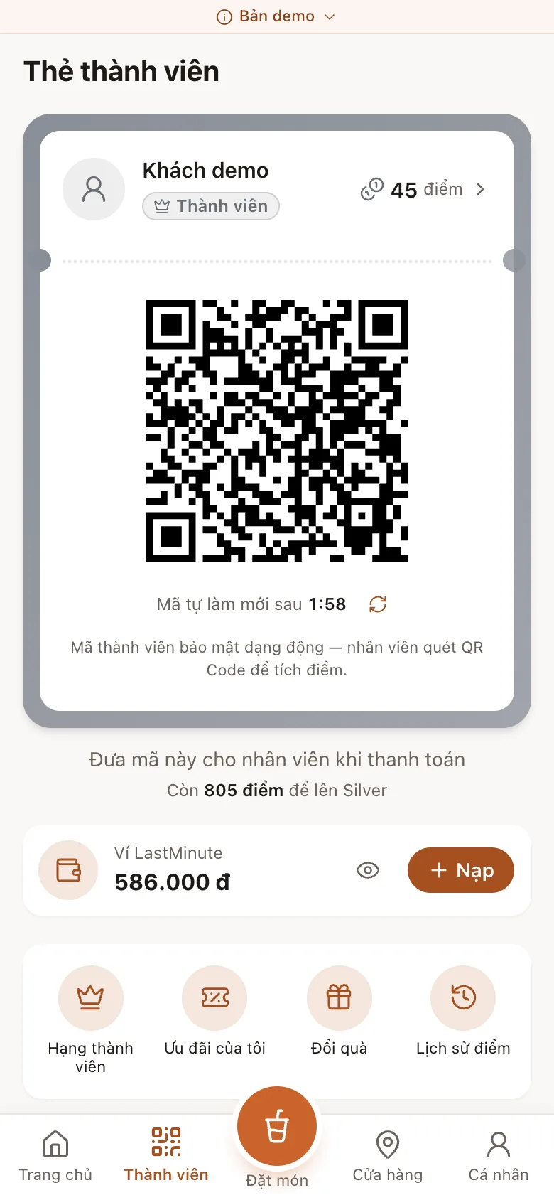 Màn hình thẻ thành viên có mã QR động trong Mini App demo
