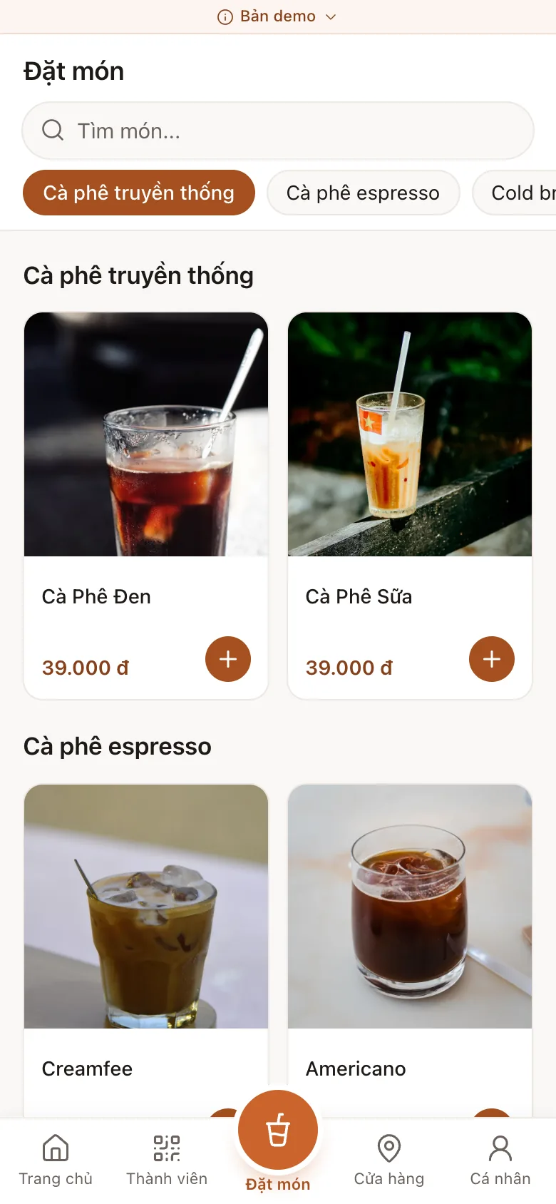Màn hình thực đơn đặt món trong Mini App demo