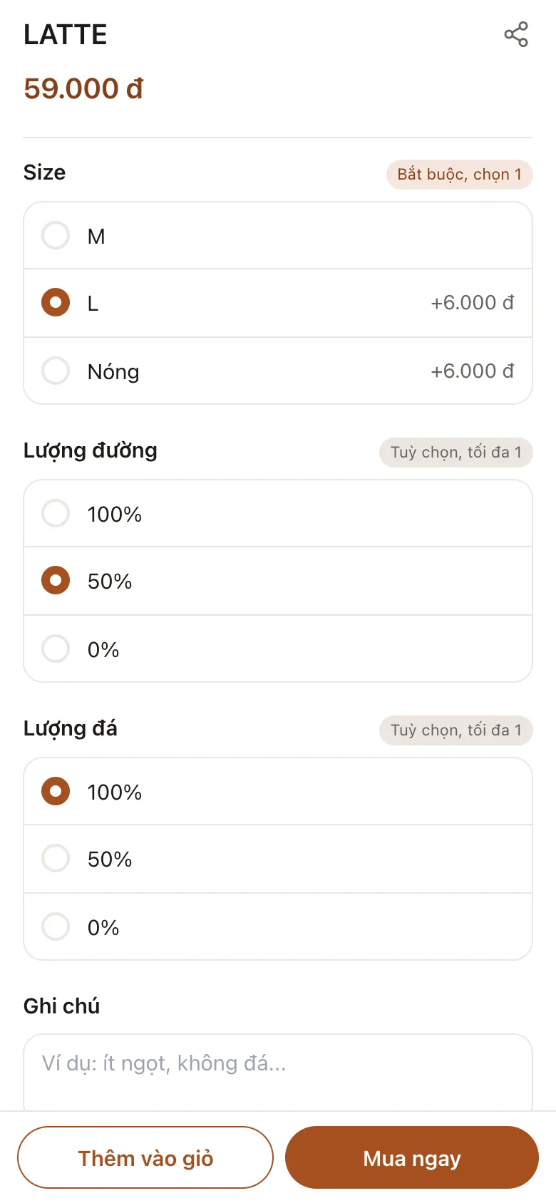 Màn hình chọn size, đường, đá và topping cho món trong Mini App demo