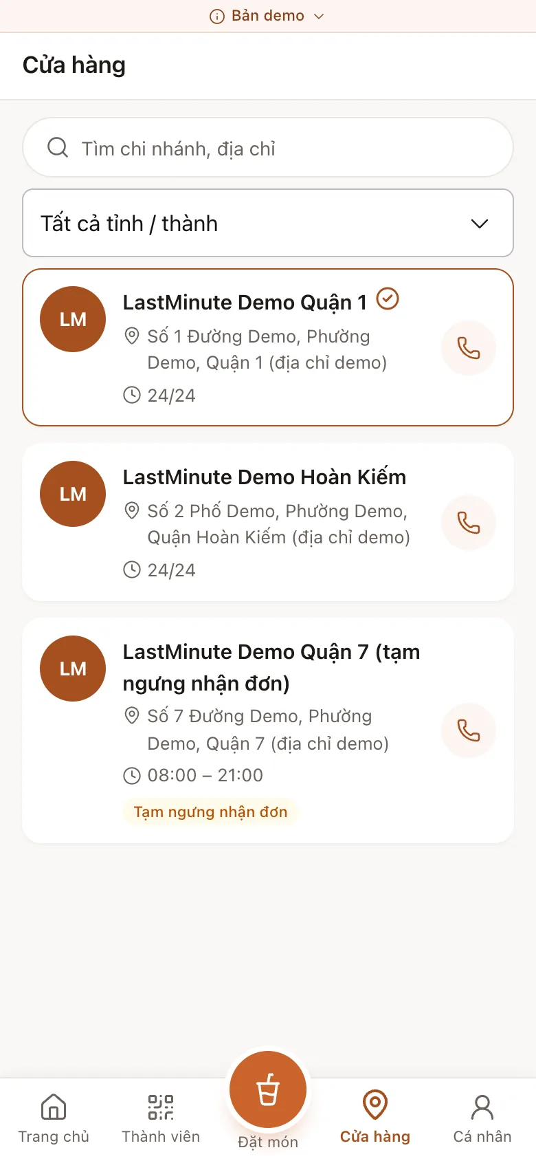 Danh sách cửa hàng lọc theo tỉnh thành trong Mini App demo