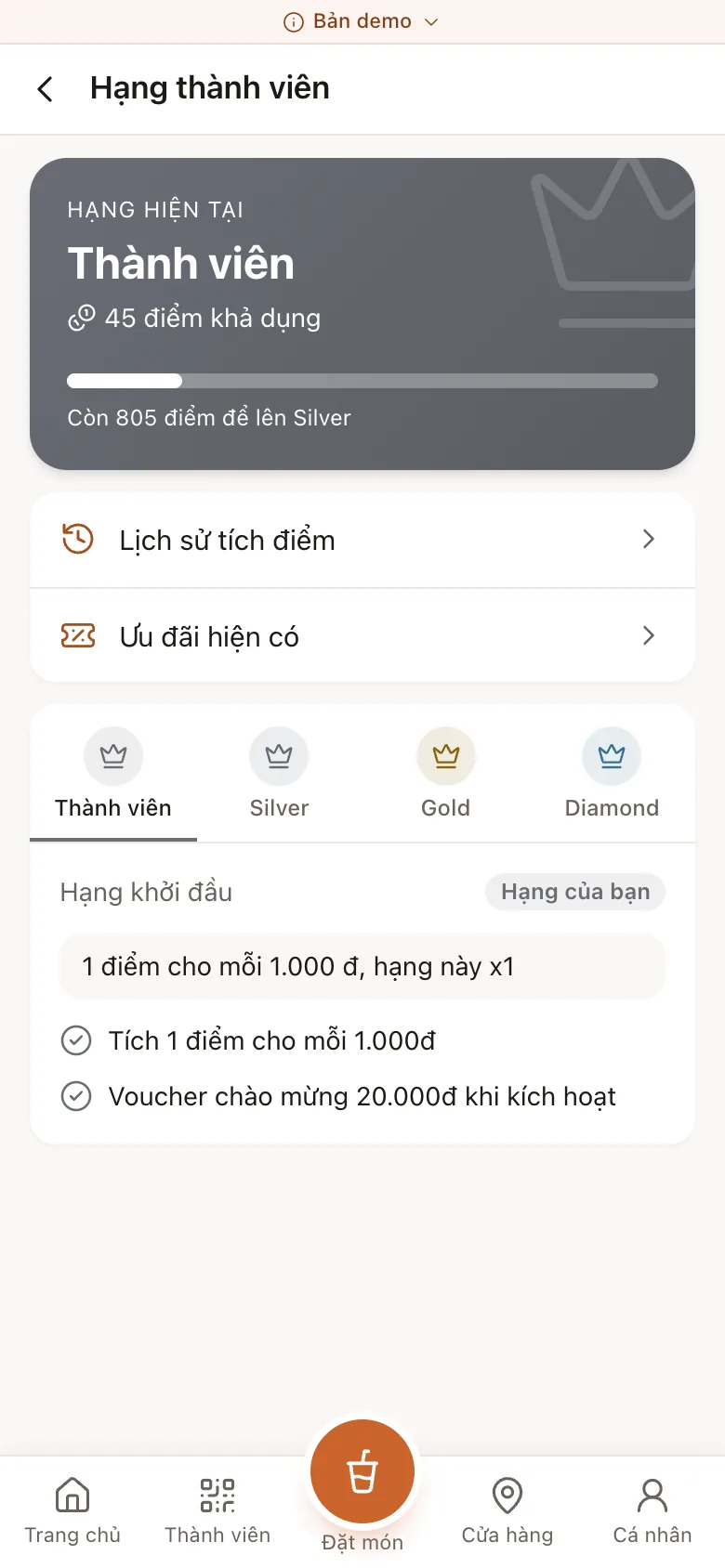 Màn hình hạng thành viên và quyền lợi trong Mini App demo