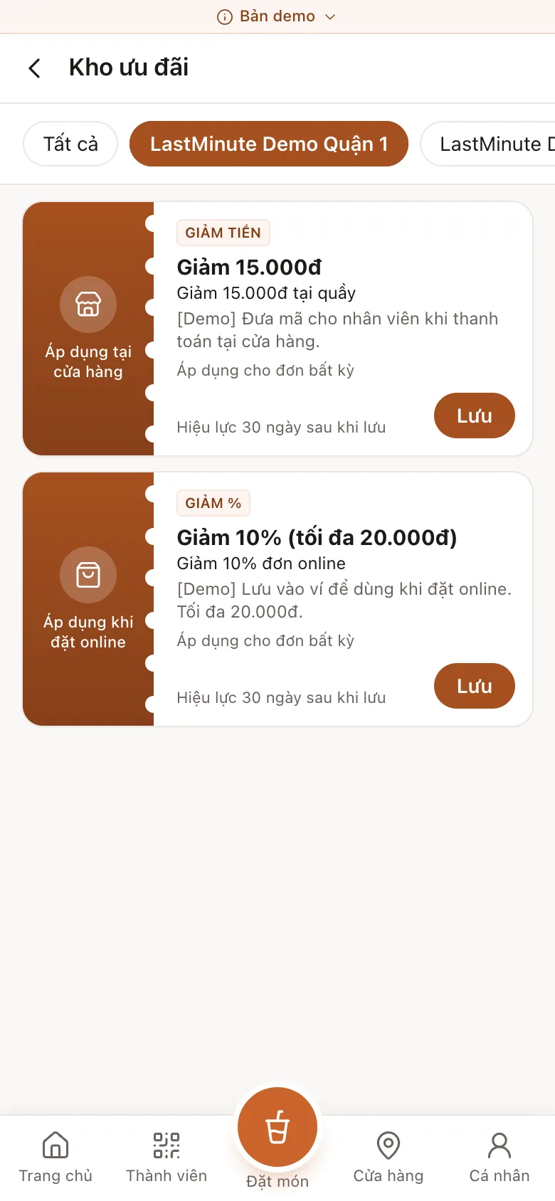 Kho ưu đãi lọc theo chi nhánh trong Mini App demo