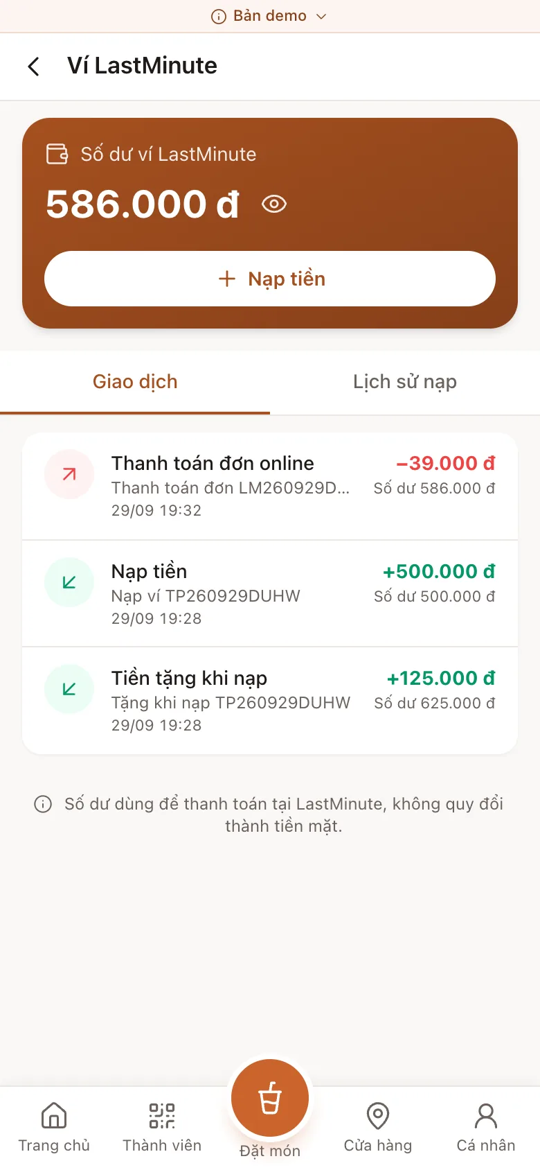 Màn hình ví trả trước và nạp ví trong Mini App demo
